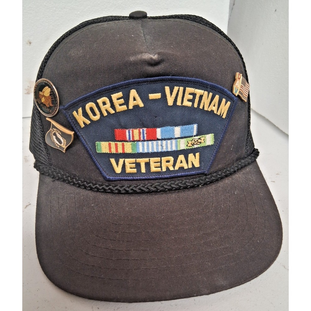 Korea Vietnam War Veteran with Campaign Service Ribbons Cap with Pins